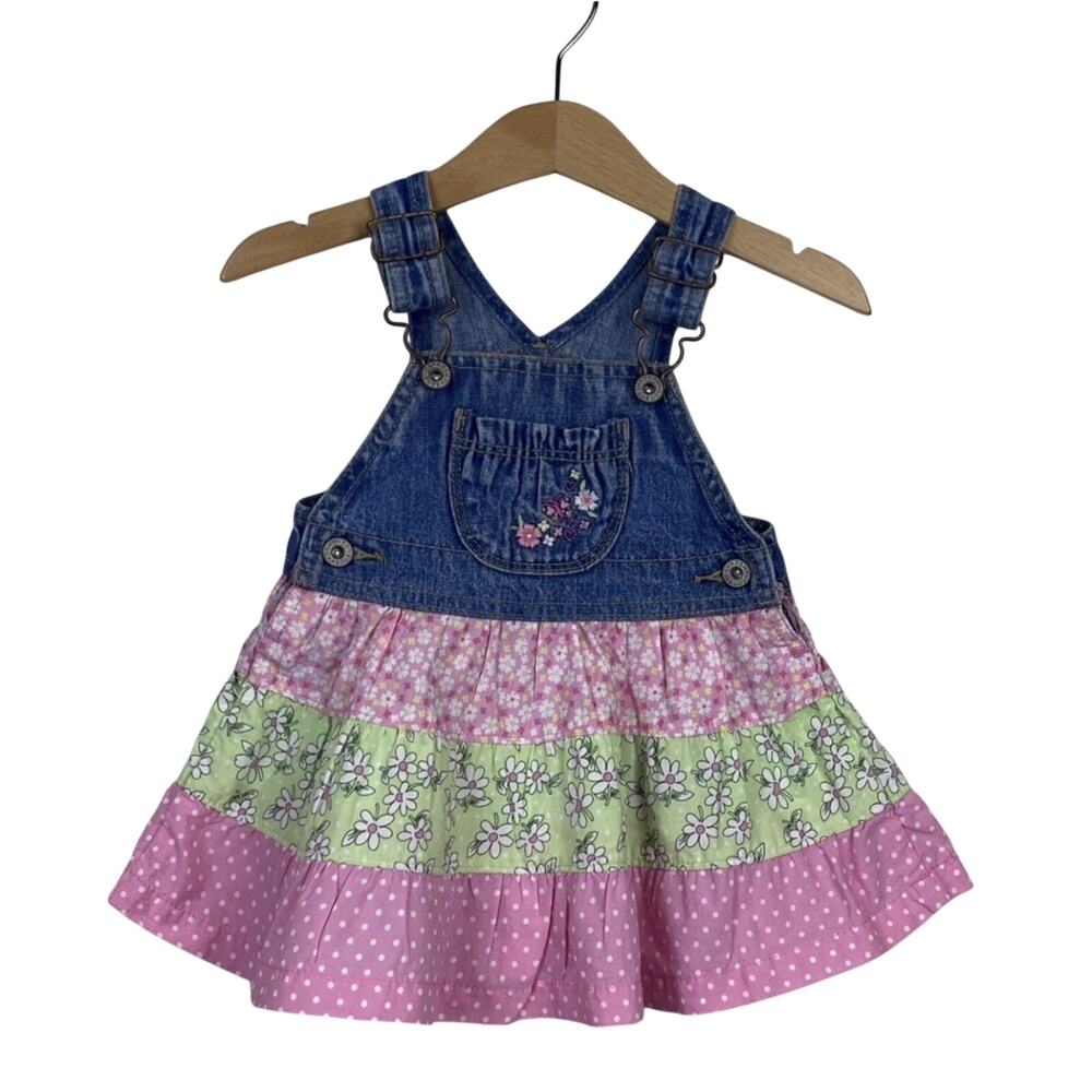 OSHKOSH B'Gosh Overall Jumper Dress Tiered Pink Green Floral Dot Denim 24 Months